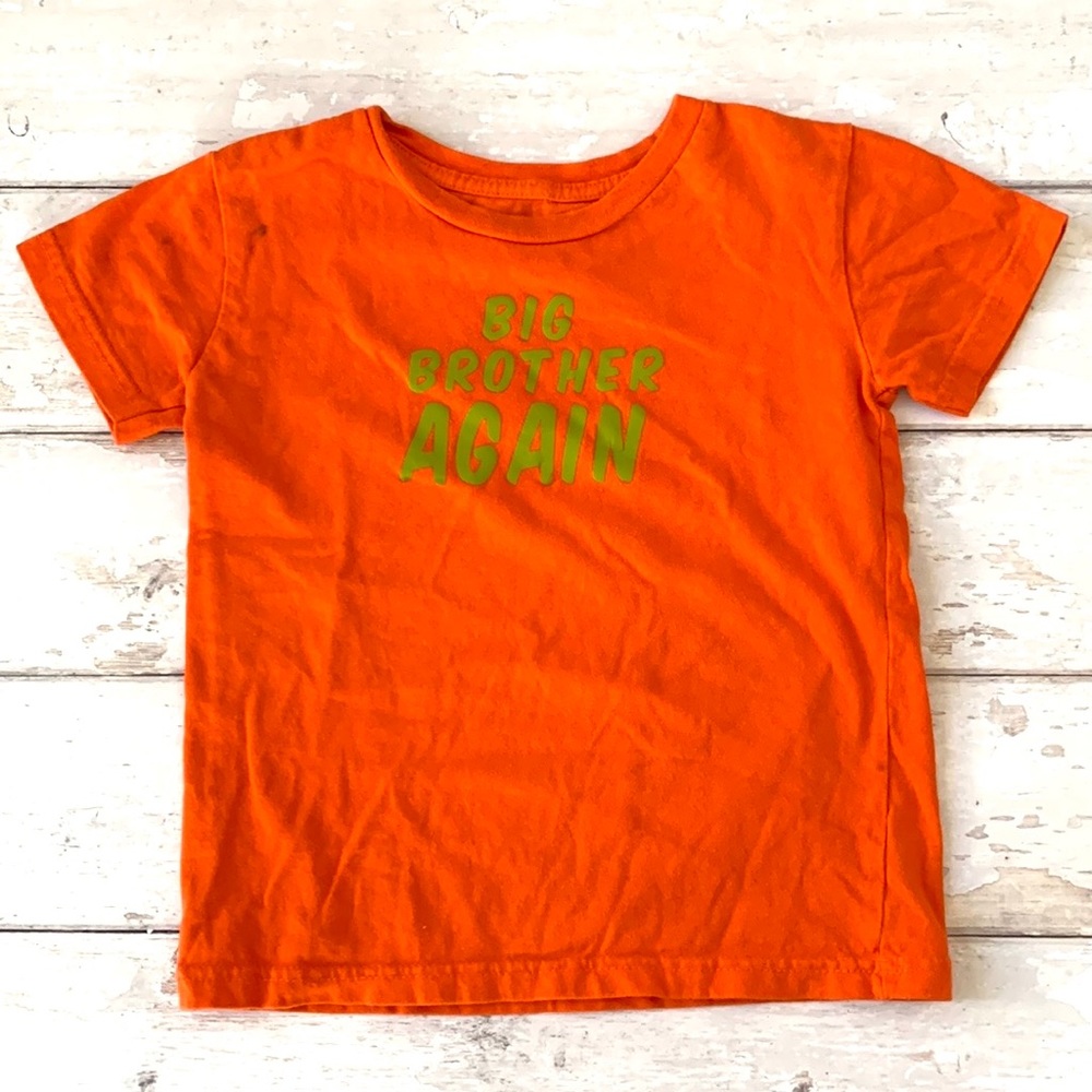 Boys XS 4/5 Big Brother Again Shirt 4T 5T Orange Green Short Sleeves